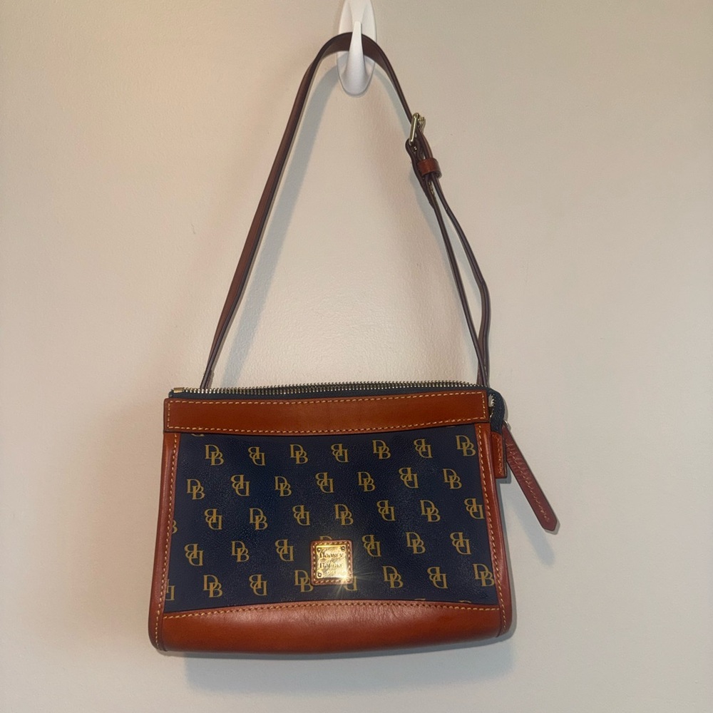 Dooney & Bourke Navy Logo Gretta Crossbody with Brown Trim